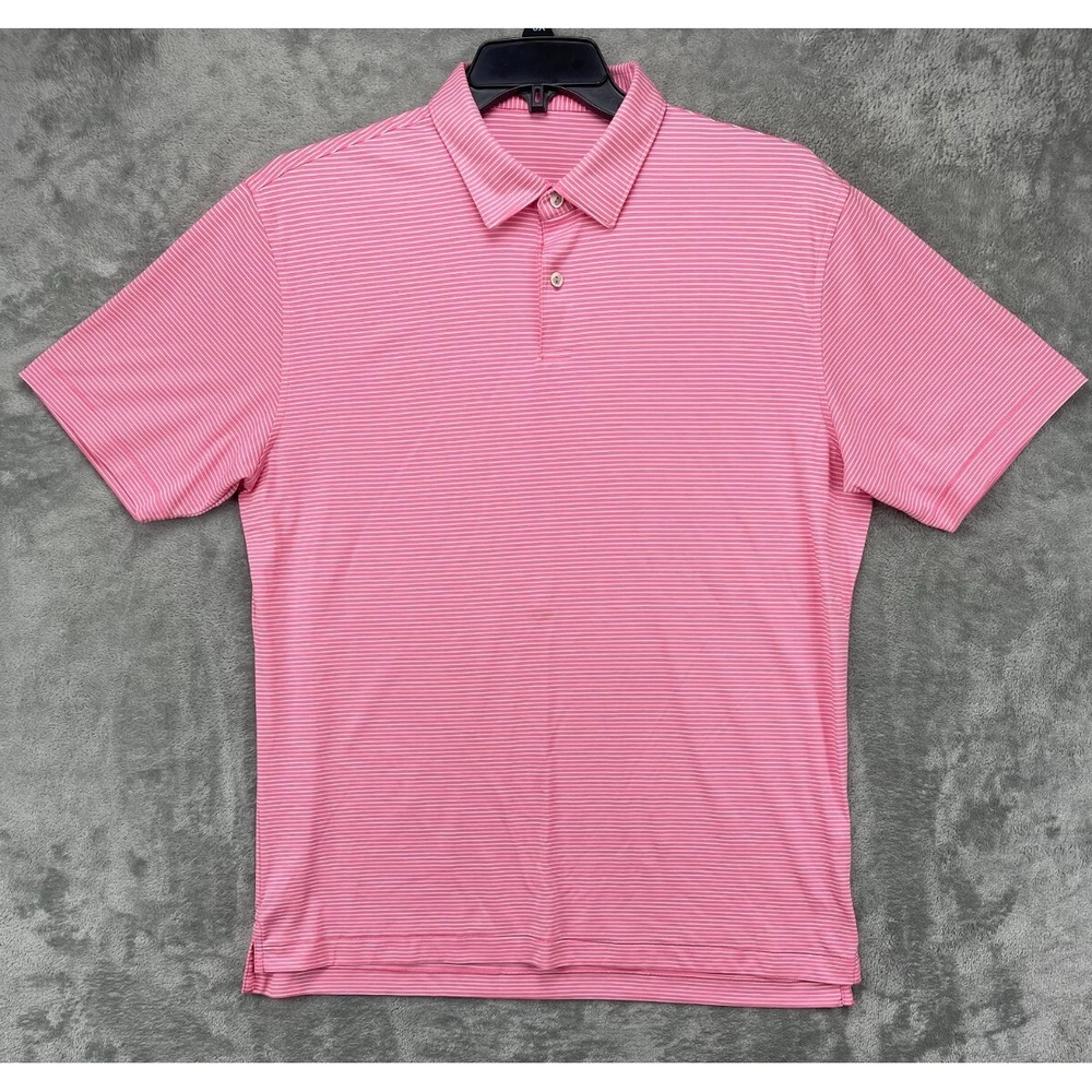 Peter Millar Men's Featherweight Polo Shirt Large Pink White Striped Golf UPF50+
